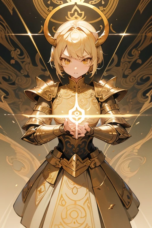 (A woman in fantasy-style full body armor) (Dragon horns grow) Golden crown, Composite Layered Chest Plate, Full shoulder and hand guards, Lightweight waist armor, Close-fitting shin guards, The overall design is sturdy yet flexible, (The armor is shiny gold, Has a dragon pattern), Gives off a noble aura, Exquisite and mature cartoon art style, ((element, elegant, god, Masculine:1.5)), metallic, High resolution, Highest quality, High resolution, Very detailed, Ultra-fine painting, Very delicate, Professional, Anatomically correct, Symmetrical face, Very detailed目と顔, High quality eyes, creativity, RAW Photos, 超High resolution, 32K, Natural light, Cinema Lighting, masterpiece-anatomy-perfect, masterpiece:1.5, (One Woman) Blonde, Yellow Eyes, short hair, Upper Body