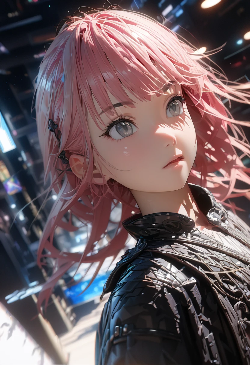 Anime Style, (master piece:1.4), (best quality:1.4), (ultra-detailed:1.4), (highres:1.4), (8k), (detailed light), ([[3d], (realistic): :0.49]:0.49), ([anime style:2d:0.49]:0.09), best quality, best quality, best quality, hires, Upper Body,18-year-old,Dynamic Angle,bangs,Grey Eyes, short, (Chinaの緑の衣装:1.3), Pink Hair, Grey Eyes,Wide-angle shot,Downtown at night,cyber-,China, cyber-シティ
