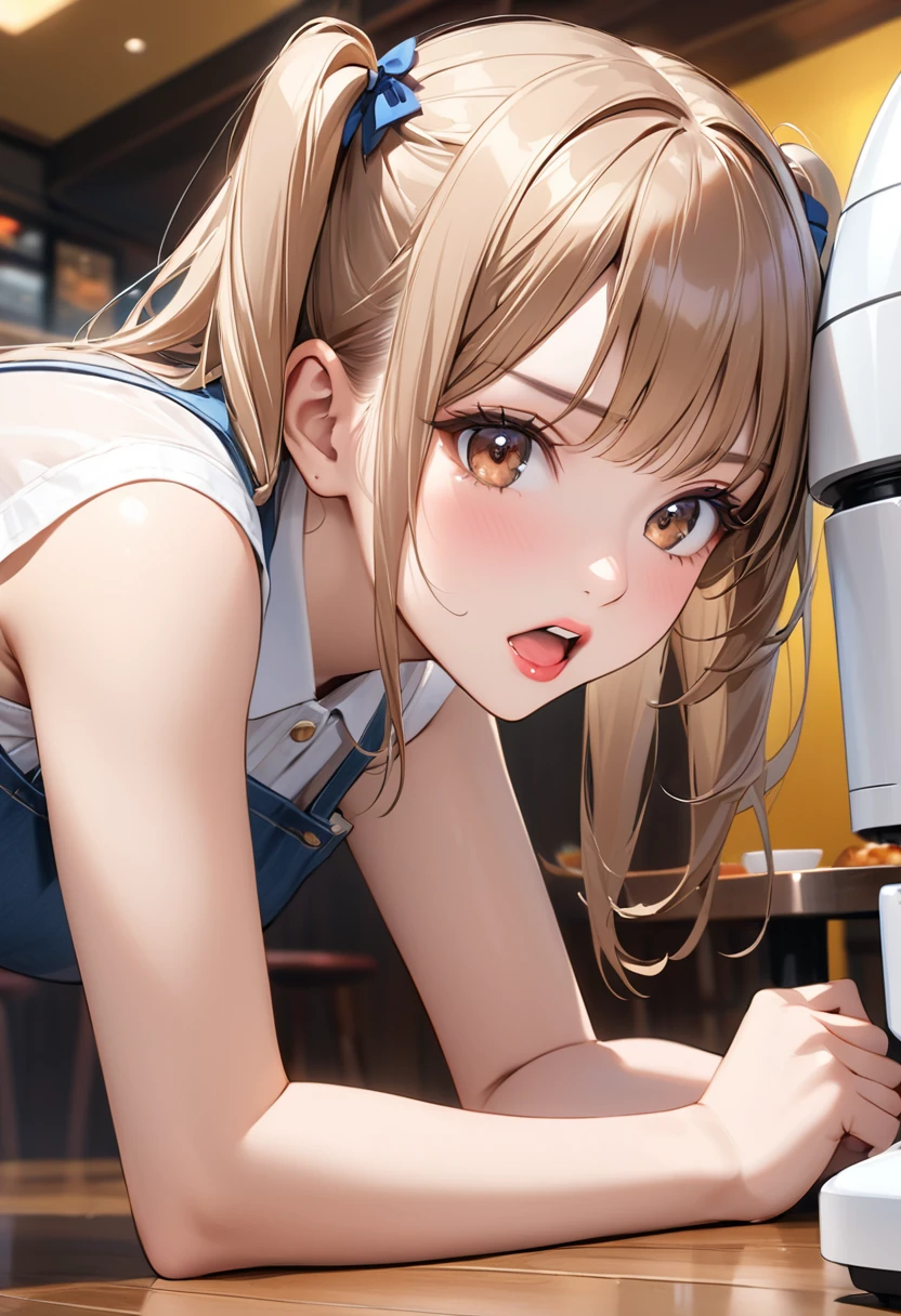 Highest quality, masterpiece, Ultra-high resolution, Realistic:1.2, RAW Photos, Intricate details, Portraiture,　Big beautiful brown eyes:1.2, Perfect contours, Perfect proportions:1.2, ((A girl faces a food delivery robot:1.2)), break　((Close-up of the mouth:1.2, ((from side:1.2)), (front shot:1.2), looking away:1.2)), ((petite, short, tiny girl:1.2)), Light Brown Hair、((long hair, twintails:1.2)), (makeup:1.2, full lips:1.3, pink lips:1.3, shiny lips:1.3, parted lips:1.2), (Talk to a food delivery robot:1.2), ((Silk sleeveless shirt:1.2, Silk skirt, Low heels)), break　((Raise your arms parallel to each other、Kneeling on the floor、Leaning forward:1.2))、(Angry expression:1.2、Open your mouth to the middle), (The background is a family restaurant:1.2、Several guests are dining), (empty-handed)