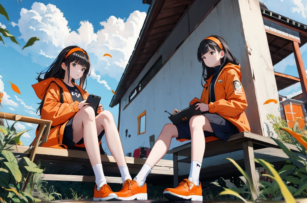 1 Girl、Orange shoes、One person、Sitting、null、cloud、Outdoor、Black Hair、bird、Upward view、青いnull、White socks、Daytime、Orange Jacket、building、Long sleeve、leaf、Long Hair、赤いHeadband、Pump rope、Headband、bangs、曇りnull、from_below、Wide_shot、