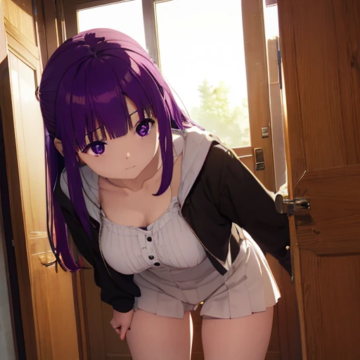 An ultra-high picture quality、best qualityer、in a house、Visible chest、Write。she tries to squeeze his genitals with her breastsgirl with purple hair)、 out。Maximum quality、smooth light