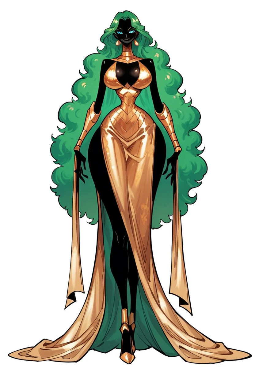 Score_9, Score_8_up, Score_7_up, 1 girl, high quality, high detail, ultra-detailed, extremely detailed, black skin, green hair, blue eyes, golden eyes, curvy, slim, skinny waist, trim waist, tiny waist, thin waist, small waist, narrow waist, gigantic hips, enormous hips, wide hips, gigantic legs, modelshoot style, glamorous figure, mysterious smile, golden metallic evening dress, hip high slit, curvaceous, mature, older, clasys, stylish, fashion, big breasts, large bust, stripper heels, front view, arms out wide, looking forward, standing, simple background, white background