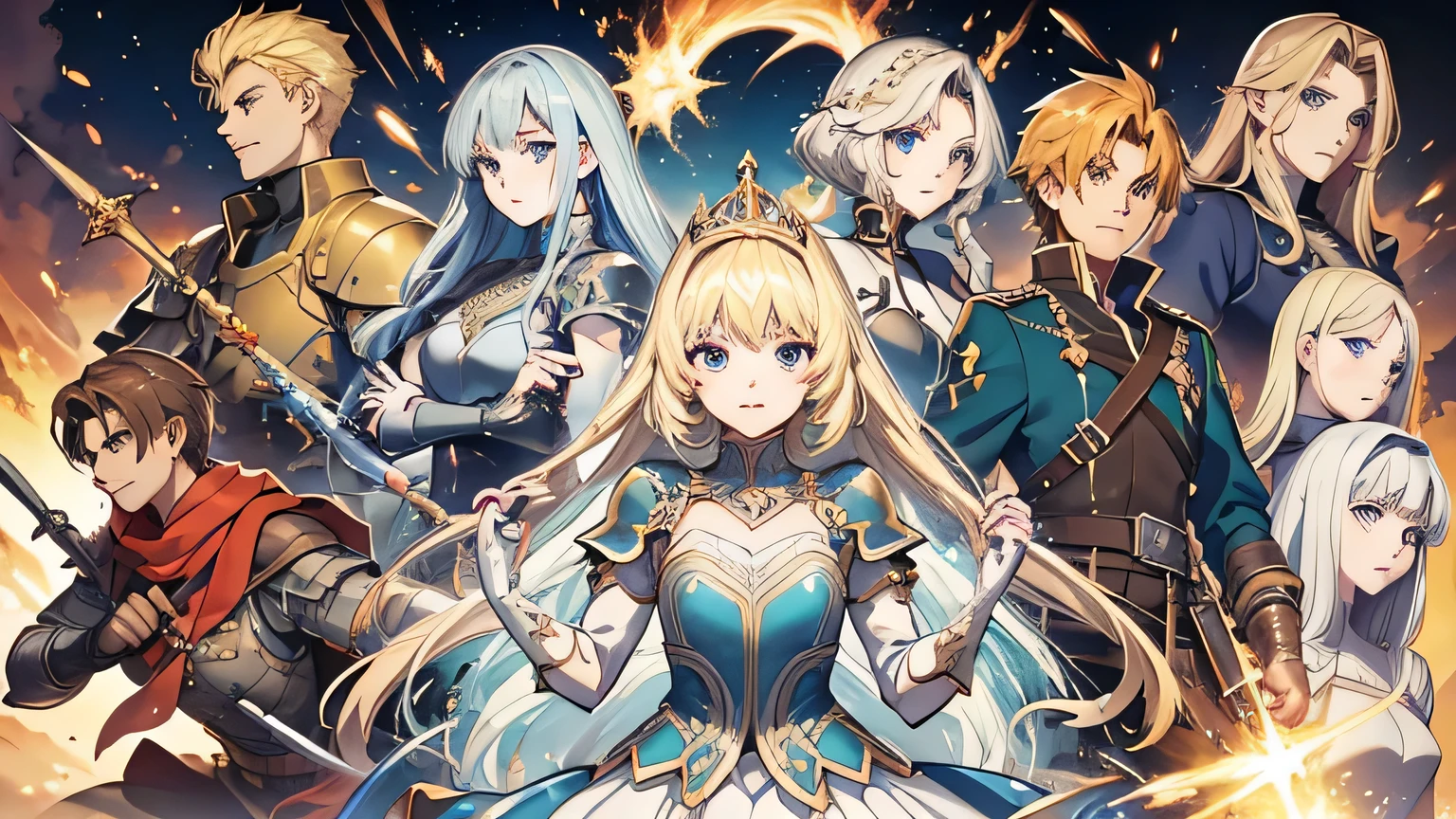 Fantasy World,Faces are accurately represented,Medieval European style,Anime Style,Soldiers fighting monsters,The soldier is male and has a slim, muscular body., Short Hair, Spiky Hair, Brown Hair, The princess is female and blonde., Princess of the Water Kingdom, A white and blue princess dress with easy movement and armor.