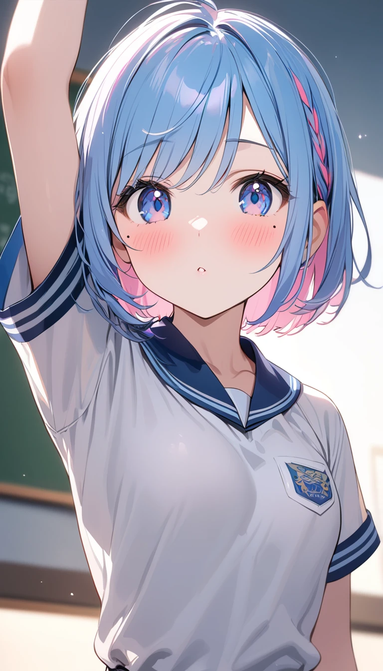 (1 girl),(Best Picture Quality, 8K, Masterpiece:1.3), (high school student:1.5), ((pink lob hair:1.1)), (bob cut),(swept bangs), (cute eyes, pupil black, iris skyblue, youthful face), (mole under right eye), (standard weight), (small breasts), (glistening skin:1.1),(pale skin:1.2),((short sleeve)),BREAK,(portrait),(blush:1.2),((pitstain)),(arm up).