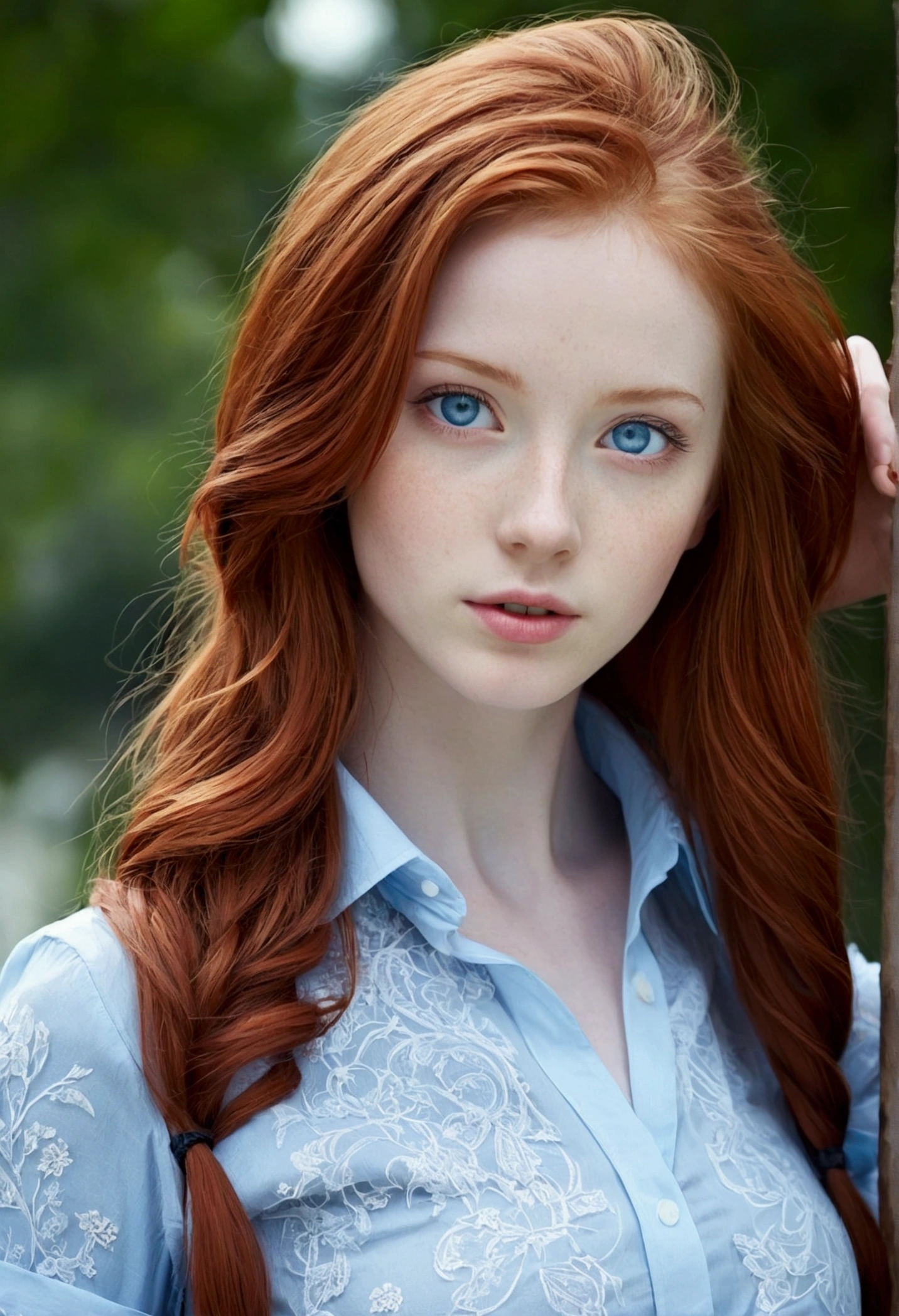 Cute girl, red hair, blue eyes, white skin, skinny, big , blue shirt, Long hair