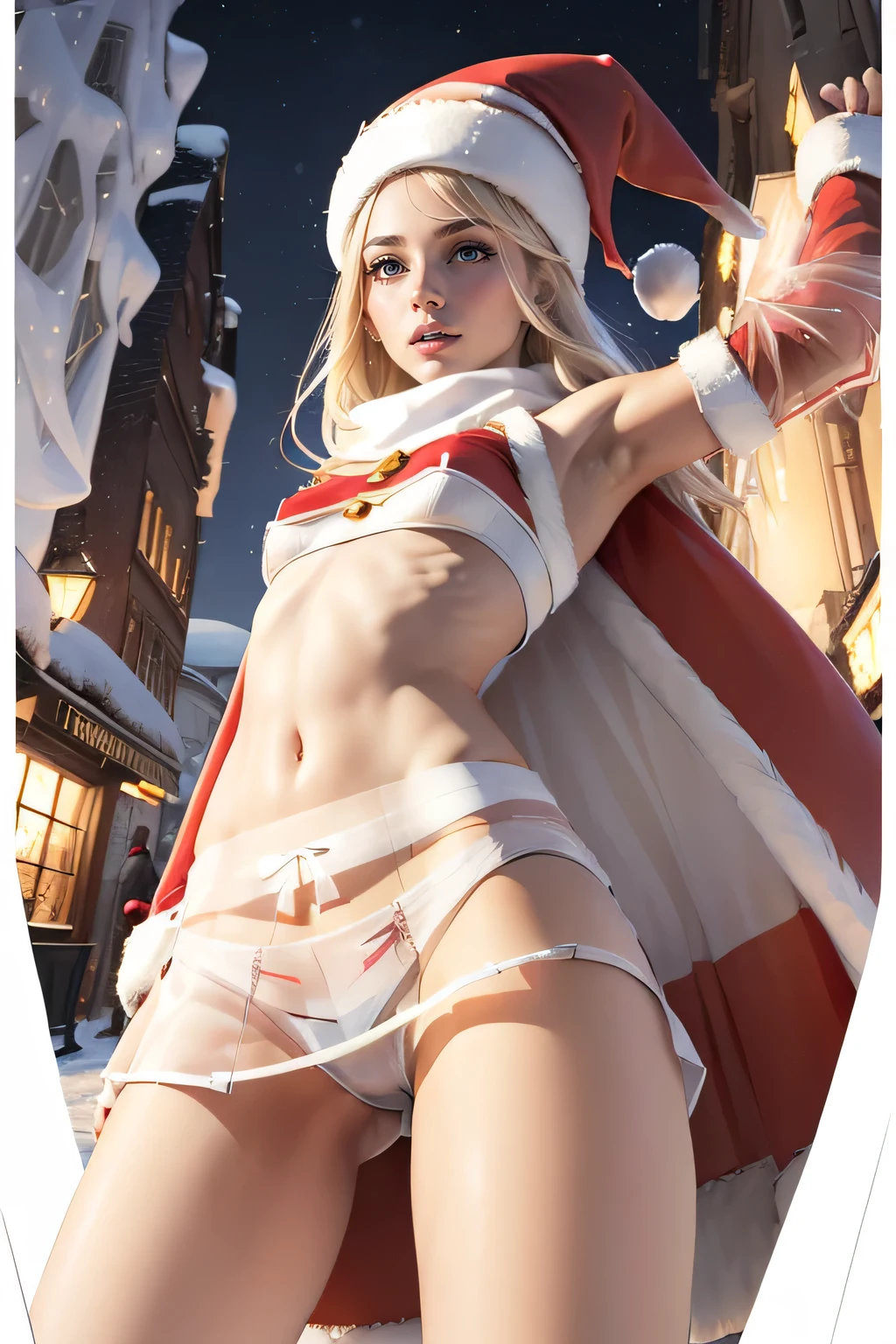 superflat, flat colors, ((2girls:1.4)), 19yo, slim, (small breasts:1.3), ((one girl has long blond hair)), ((second girl has short dark hair:1.3)), (white mini skirt:), (black mini skirt:), (red very short skirt:1.4) ), (cute girl santa claus), ((santa's hat:1.4)) topless, nipple, standing, shy, Cozy winter scene, white, ((winter street:1.4)), vibrant, bright, watercolor, ((upskirt:1.4)), (view from below:1.4), ((transparent white panties:1.5))