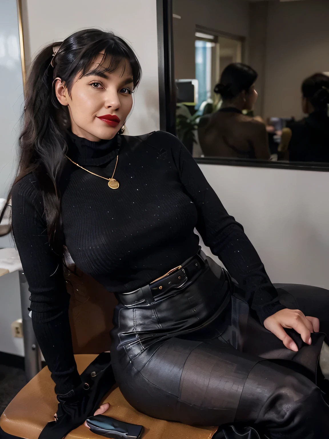 photo of a good class looking smiling sensually office secretary bettie page at 35 years old ,(( black long ponytail hair)) (( red lipstick )) ((Bettie has a black long maxi-skirt:1.2 and a black turtleneck sweater with a gold chain )), (( she is wearing his favorite black gloves )) (( black high knee boots)) (( ) (( she is the boss of the office and everyone love her)) ((she is takin a coffe with hers employers,in the office, she is sitting over a big leather office chair , legs crossed ,everyone is listening to her)) ((it's very cold, and everyone is full dressed)) (( she is wearing his favorite black gloves ))