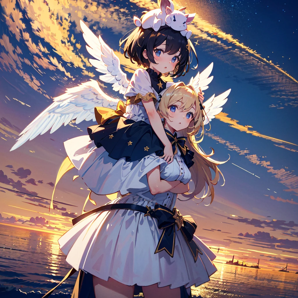 {{{Masterpiece, highest quality, high resolution background}}}, bright and beautiful atmosphere, 3 girls (2 years old, 1 short-tempered round face), small breasts, heavenly world, girl dressed as an angel, on the head A mini-pig cosplaying as an angel, a mini-pig riding on his shoulder, "deltamon_sdXL :0.73) >Deltamon"