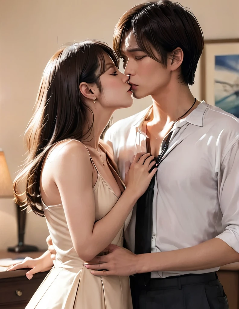 score_9, score_8_up, score_7_up, source_anime, 1boy, 1girl, mature female in a sexy revealing dress, necklace, mother and son, kid, kissing , romantic, night time, in the living room, (against the wall) (from behind)