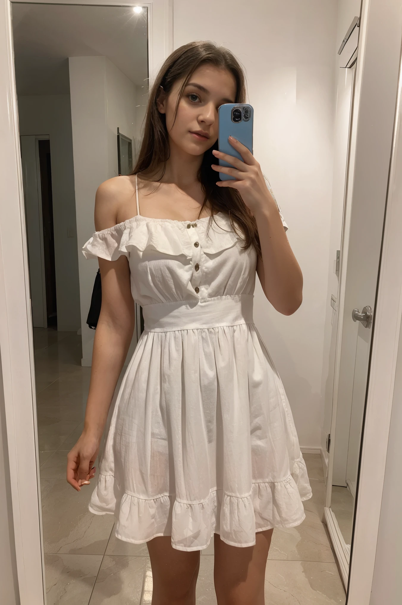 realistic mirror selfie of a 24 year old girl who is part south african and part greek, best quality, with cute dress on for a date, perfect quality, best image