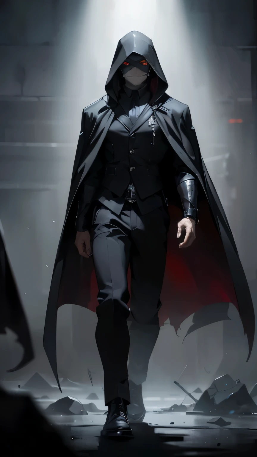 create a character of around age 23 , with following details : gender : male , Appearance: Lean and agile physique, exuding a sense of predatory grace.
Clothing: He is dressed in all-black attire, with a hooded cloak that shrouds his face in darkness. The fabric is both practical and mysterious, allowing him to move unseen.
Face: His face is mostly hidden by the hood, but his eyes are visible and glow faintly with an eerie light. They should convey a sense of chilling, primal fear, as if reflecting the abyss of his soul. he has mustache and beard ,
Vibes: The character should give off an aura of a dark king, a lone wolf who commands respect through fear and power. He embodies the cold, calculating nature of a psychopath, with a sinister charm similar to the Joker from the DC world.
Background: The background should be dark and shadowy, enhancing the character's mysterious and fearsome presence. with a black long scythe in his hand