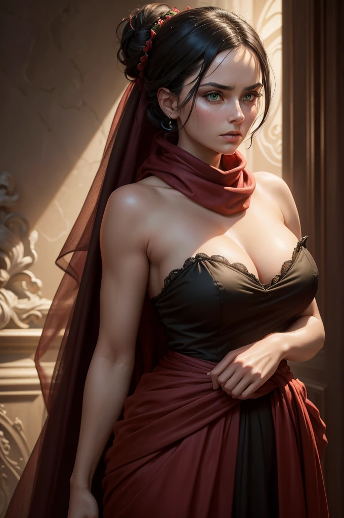 a beautiful woman with intense green eyes, black hair tied in a bun, wearing a strapless full-length dress, a red scarf around her neck, long silk gloves, a fabric wrapped around her waist, fullbody view, (best quality,4k,8k,highres,masterpiece:1.2),ultra-detailed,(realistic,photorealistic,photo-realistic:1.37),highly detailed portrait,elegant,dramatic lighting,dramatic colors,chiaroscuro,renaissance painting