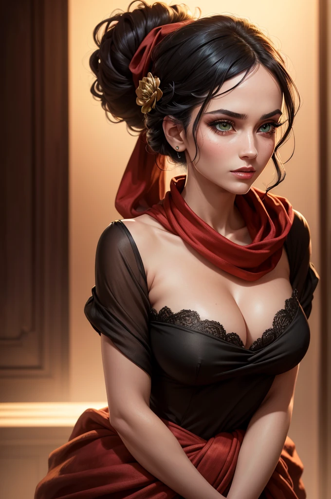 a beautiful woman with intense green eyes, black hair tied into a bun, wearing a strapless full-length dress, a red scarf around her neck, long silk gloves, and a fabric wrapped around her waist, (best quality,4k,8k,highres,masterpiece:1.2),ultra-detailed,(realistic,photorealistic,photo-realistic:1.37),detailed eyes,detailed lips,extremely detailed face,long eyelashes,full body view,high fashion,elegant,dramatic lighting,warm color tones,cinematic