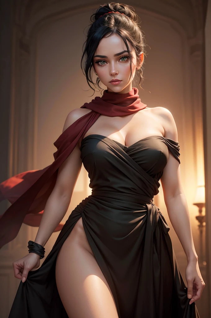 a beautiful woman with intense green eyes, black hair tied into a bun, wearing a strapless full-length dress, a red scarf around her neck, long silk gloves, and a fabric wrapped around her waist, (best quality,4k,8k,highres,masterpiece:1.2),ultra-detailed,(realistic,photorealistic,photo-realistic:1.37),detailed eyes,detailed lips,extremely detailed face,long eyelashes,full body view,high fashion,elegant,dramatic lighting,warm color tones,cinematic