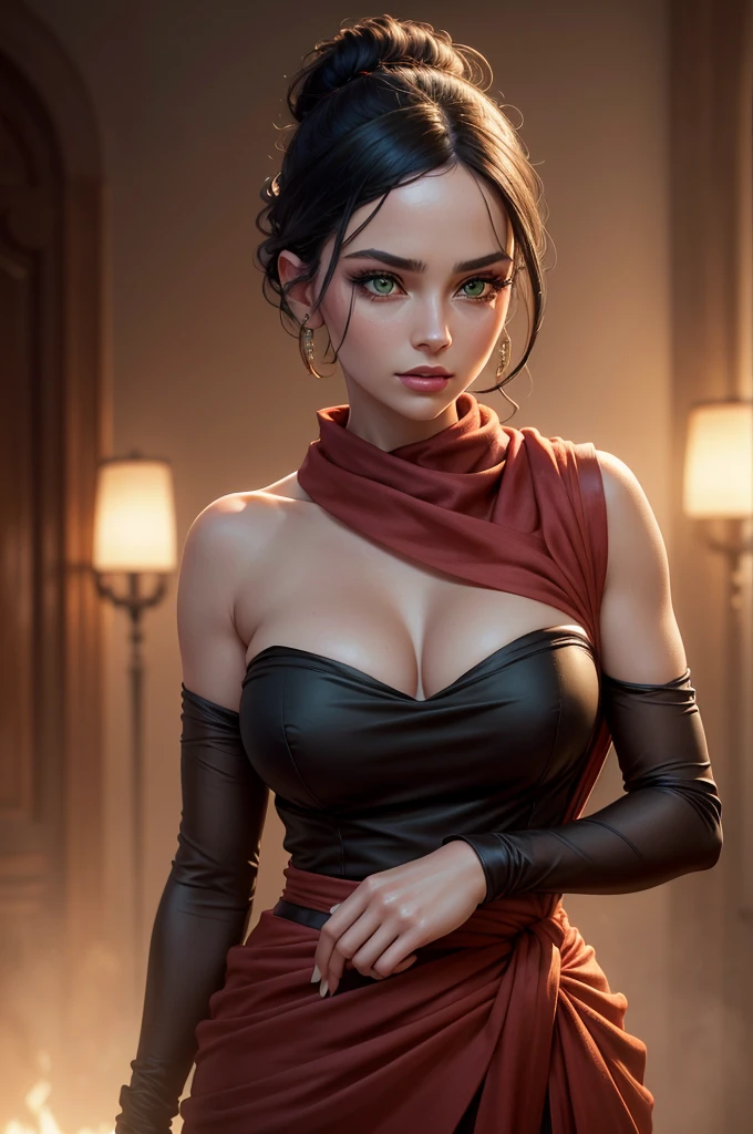 a beautiful woman with intense green eyes, black hair tied into a bun, wearing a strapless full-length dress, a red scarf around her neck, long silk gloves, and a fabric wrapped around her waist, (best quality,4k,8k,highres,masterpiece:1.2),ultra-detailed,(realistic,photorealistic,photo-realistic:1.37),detailed eyes,detailed lips,extremely detailed face,long eyelashes,full body view,high fashion,elegant,dramatic lighting,warm color tones,cinematic
