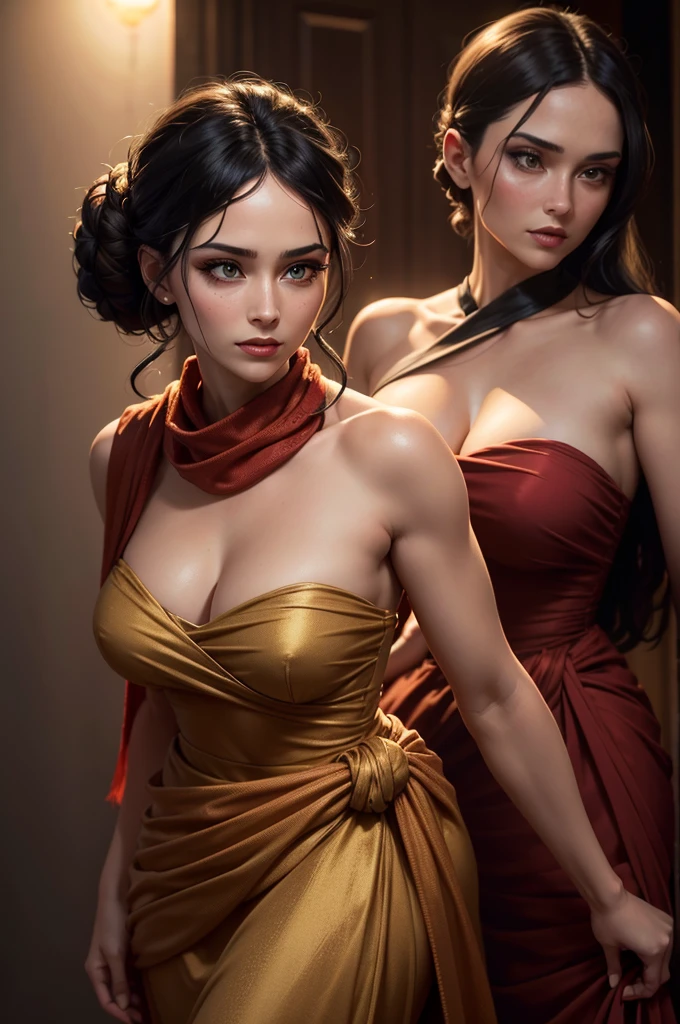 a beautiful woman with intense green eyes, black hair tied into a bun, wearing a strapless full-length dress, a red scarf around her neck, long silk gloves, and a fabric wrapped around her waist, (best quality,4k,8k,highres,masterpiece:1.2),ultra-detailed,(realistic,photorealistic,photo-realistic:1.37),detailed eyes,detailed lips,extremely detailed face,long eyelashes,full body view,high fashion,elegant,dramatic lighting,warm color tones,cinematic