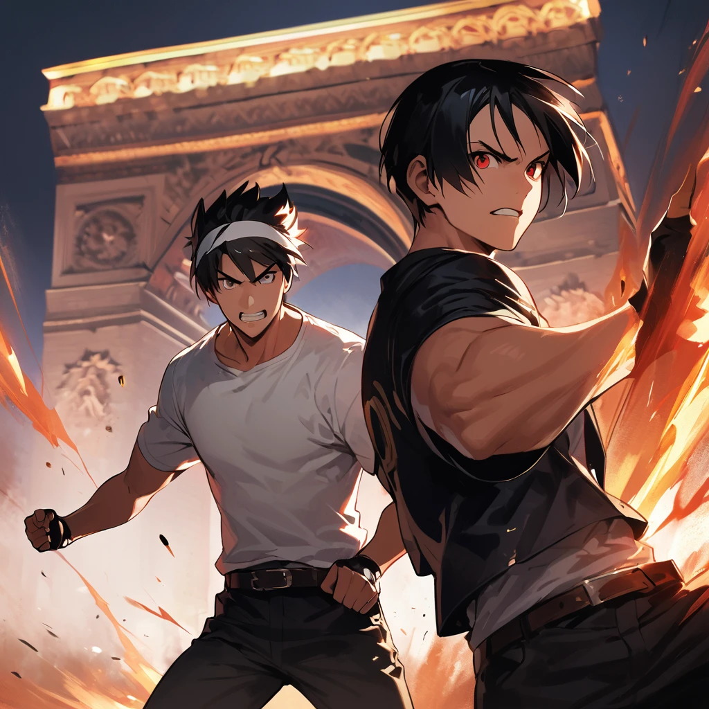 masterpiece、2 people、ツーshot、Highest quality、8k、Full Hand Portrait、Action pose、Battle Scenes: 1. 5,(Kyo Kusanagi), man is with black skin、Red eyes、2 peopleきり、((White headband))ツーshot、Black jacket(Roll up your sleeves)、Fingerless gloves、Black Hair、White T-shirt、Black trousers、White shoes、Tea belt、((Kyo Kusanagiと同じ服装と髪型をした格闘家))boyish、 good looking, shot, Charm, masterpiece, High resolution, Detailed face, fine grain, morning, A confident smile, Man and woman fighting with the Arc de Triomphe in the background, Men and women with the same hairstyle and clothes, Angry expression, : 1. Attack Speed 5, Rapid Attack, Angry expression, Angry face