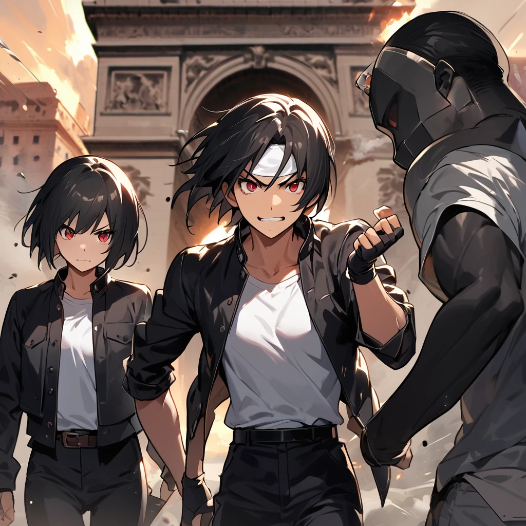 masterpiece、2 people、ツーshot、Highest quality、8k、Full Hand Portrait、Action pose、Battle Scenes: 1. 5,(Kyo Kusanagi), man is with black skin、Red eyes、2 peopleきり、((White headband))ツーshot、Black jacket(Roll up your sleeves)、Fingerless gloves、Black Hair、White T-shirt、Black trousers、White shoes、Tea belt、((Kyo Kusanagiと同じ服装と髪型をした格闘家))boyish、 good looking, shot, Charm, masterpiece, High resolution, Detailed face, fine grain, morning, A confident smile, Man and woman fighting with the Arc de Triomphe in the background, Men and women with the same hairstyle and clothes, Angry expression, : 1. Attack Speed 5, Rapid Attack, Angry expression, Angry face