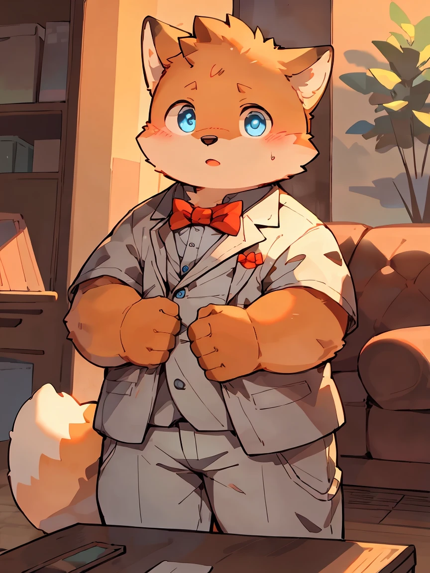 masterpiece, best quality, Perfect anatomical structure, Bright Eyes, Big watery eyes, Provided by RUHU1145, hairy, (fox), Orange fur(trigger:0.3),boy, Solitary,blue eyes,Shy,(White suit,Red bow tie),(Chubby body),living room
