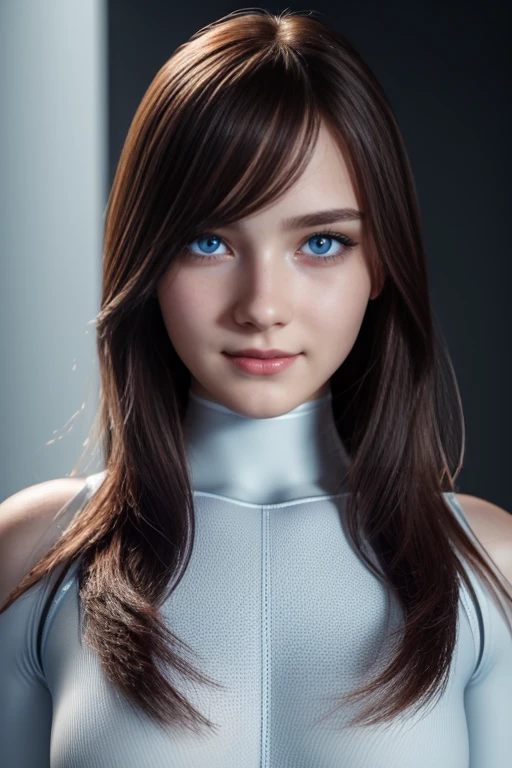 robo girl, beautiful big striking blue eyes, delicate black eyebrows, rosy cheeks, red lips, smiling face very white skin, long wavy orange hair cascading around her face and shoulders, detailed eyelashes, photorealistic cyberpunk style, perfectly focused, creamy smooth complexion, beautifully lit by soft diffused studio lights, extremely fine details, finely textured skin and hair full head to toe photo, wearing sport leggings, cyberpunk, 🤖