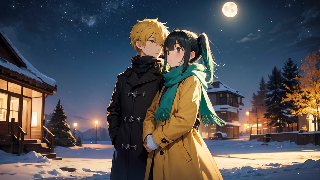 The background is the midwinter night sky、I can see a very big full moon。A couple walking hand in hand, breathing out white breath.2shot。The woman has cute yellow-green hair in twin tails.、She is wearing a cute coat and scarf。The man is a handsome man with short black hair.、Wearing a duffle coat。They both look at each other a little sadly.。