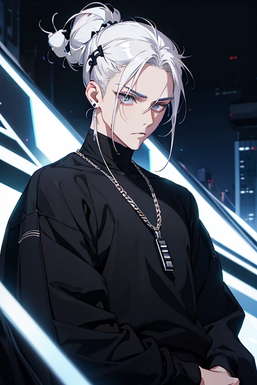 Anime man gradient young white hair low on shaved sides turns hair bun to the left side in the middle serious face with black earrings black sweatshirt Speed jeans futuristic clothes black dark circles under his eyes big black hair big brown hair extremely futuristic clothes futuristic clothes futuristic sweatshirt black skinny jeans male