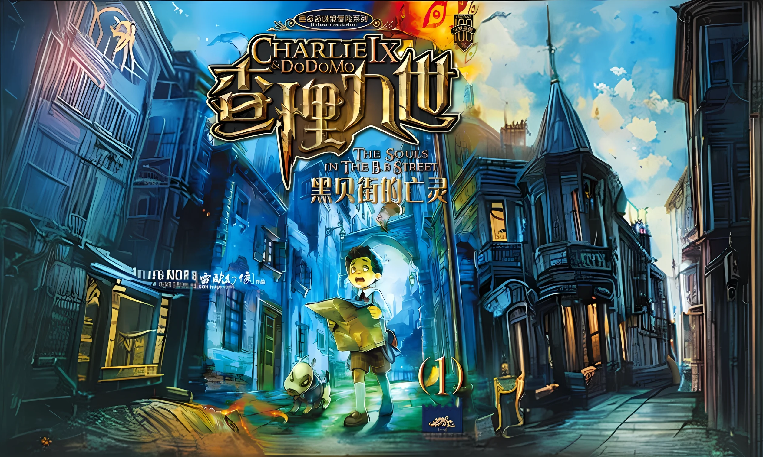 the cover of the game, called, is shown in a cartoon style, novel cover, by Qu Leilei, inspired by Li Shixing, cover illustration, by Ni Yuanlu, novel cover art for a book, inspired by Li Gonglin, inspired by Qu Leilei, inspired by Zou Zhe, qi sheng luo，street,ghost,blue cast,small town,classical,