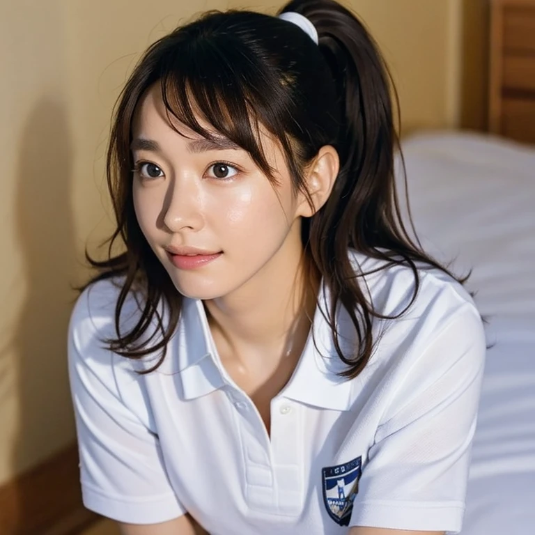 (Masterpiece, Best quality: 1.2), (Aerial shot: 1.4), (From side: 1.3), Looking at viewer, Natural light, 20 years old actress, Japanese women, Neat and clean, ((Wearing white tennis uniform, White short sleeve polo shirt with collar, Not buttoning the polo shirt, Dark navy line on the collar of the polo shirt, White tennis Skirt, White pleated skirt: 1.2)), (High ponytail: 1.2) Medium wavy hair, (Beautiful Face), Glossy brown hair color, clear, (Beautiful detailed eyes, Kind eyes), (Clear skin), Small face, Beautiful small mouth, no makeup, Approachable, Hotel rooms, On bed, White socks, Seductive smile, Seductive pose,