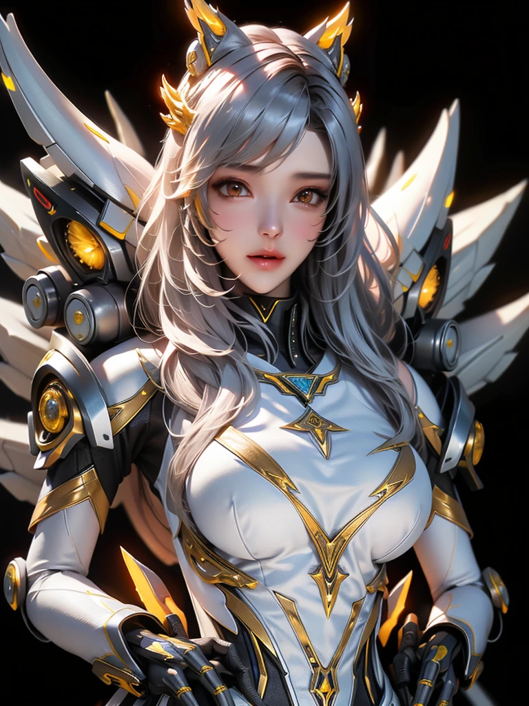 Female black and yellow mech sculpture,The mech is rich in detail,Mechanical skin texture,Silver robot wing detail,Silver lightning ball,holding knives,Explosive effect,Looking Up The Sky