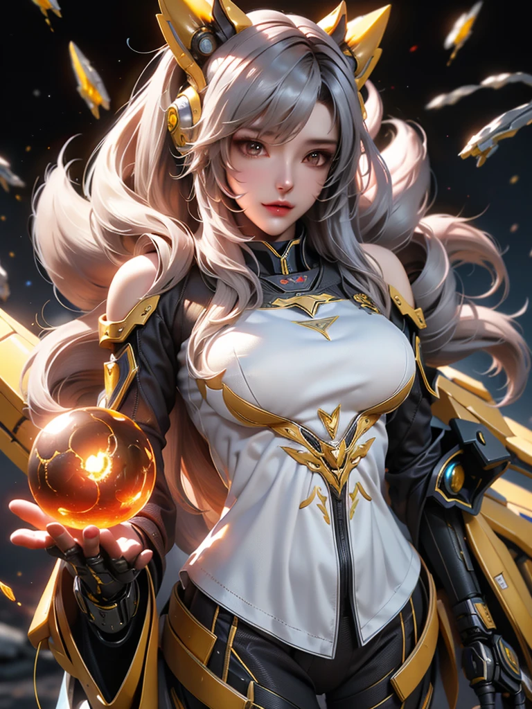 Female black and yellow mech sculpture，The mech is rich in detail，Mechanical skin texture，Silver robot wing detail，Silver lightning ball，holding knives，Explosive effect，Looking Up The Sky