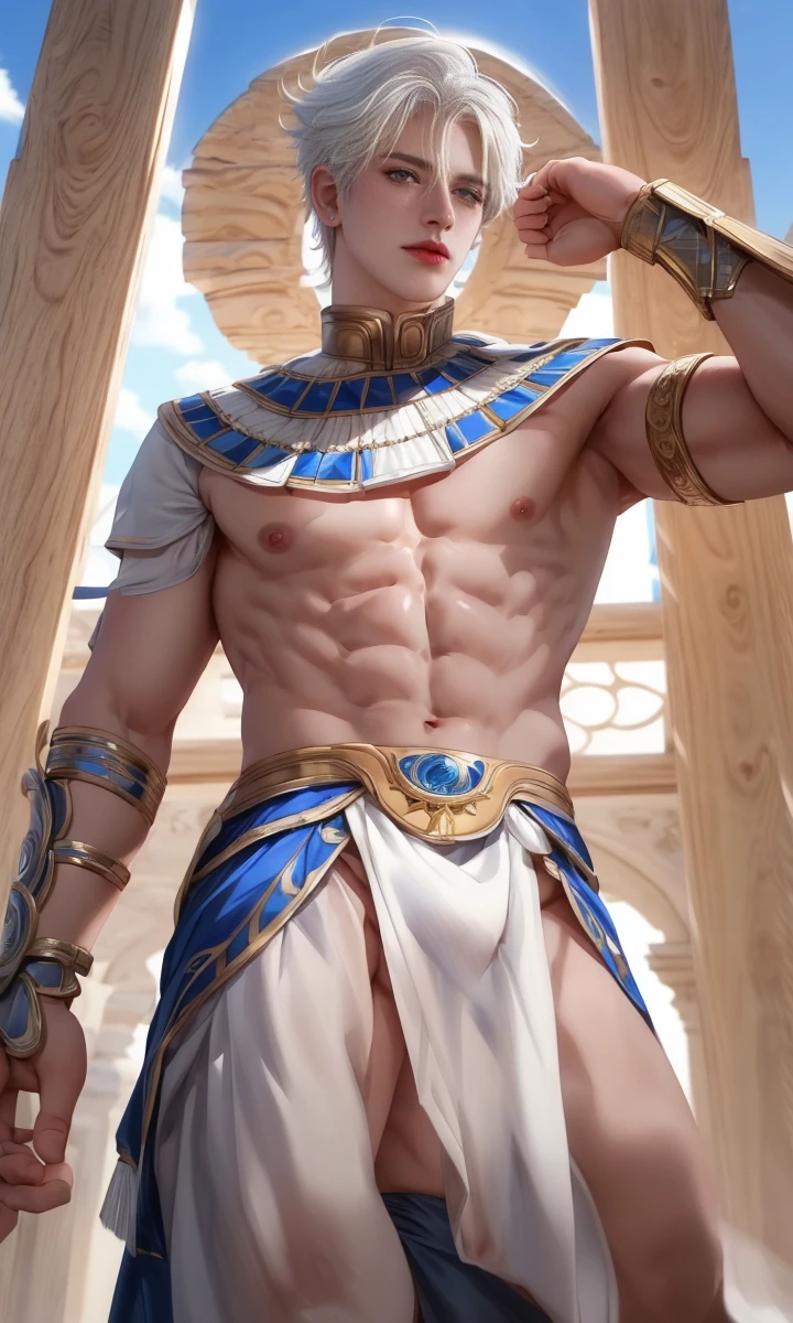 1 male, high resolution 8k, adult, handsome, perfect face detail, detailed eyes and face, clean shaved, sixpack realistic, white eyebrow hair, white eyelashes, Naked torso, Detailed face, perfect face, dynamic lighting, unreal engine, hd picture, satoru gojo, Jujutsu kaisen, white hair, short hair ,hair between eyes ,blue eyes, white skin, Egyptian clothes