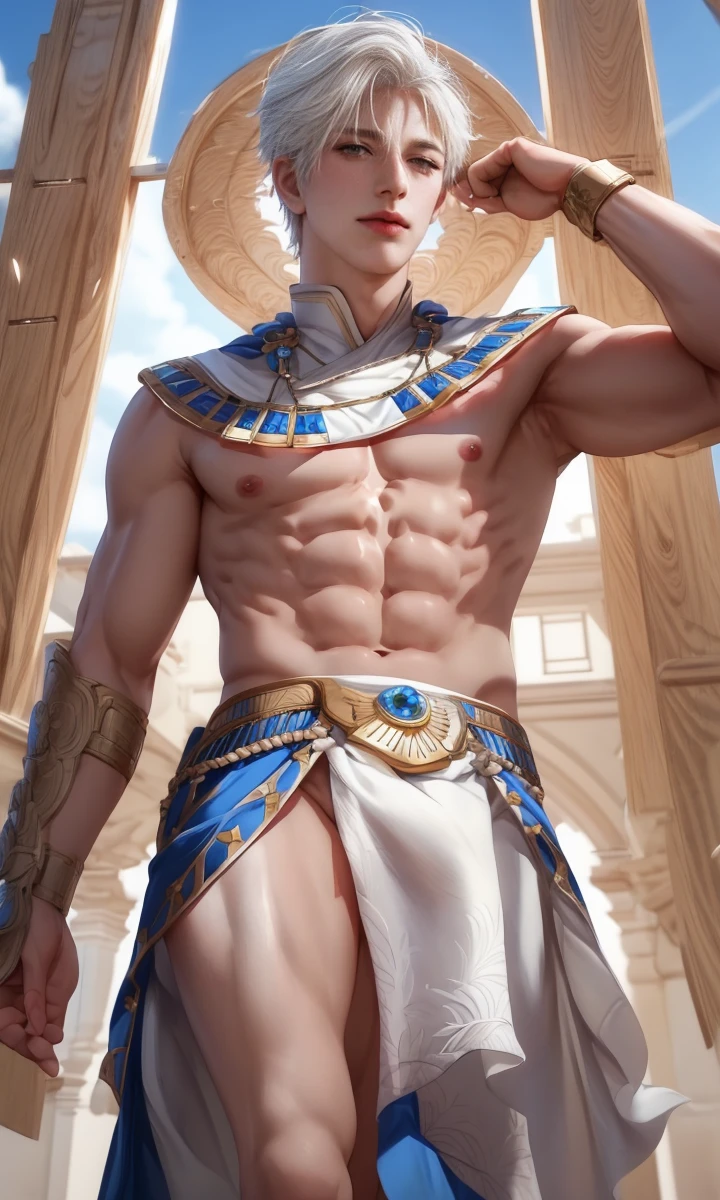 1 male, high resolution 8k, adult, handsome, perfect face detail, detailed eyes and face, clean shaved, sixpack realistic, white eyebrow hair, white eyelashes, Naked torso, Detailed face, perfect face, dynamic lighting, unreal engine, hd picture, satoru gojo, Jujutsu kaisen, white hair, short hair ,hair between eyes ,blue eyes, white skin, Egyptian clothes