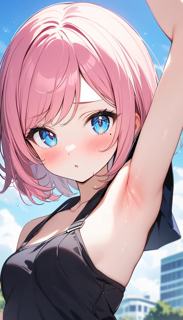 (1 girl),(Best Picture Quality, 8K, Masterpiece:1.3), (high school student:1.5), ((pink lob hair:1.1)), (bob cut),(swept bangs), (cute eyes, pupil black, iris skyblue, youthful face), (mole under right eye), (standard weight), (small breasts), (glistening skin:1.1),(pale skin:1.2),((short sleeve)),BREAK,(portrait),(blush:1.2),((s3t on armpit)),(arm up).