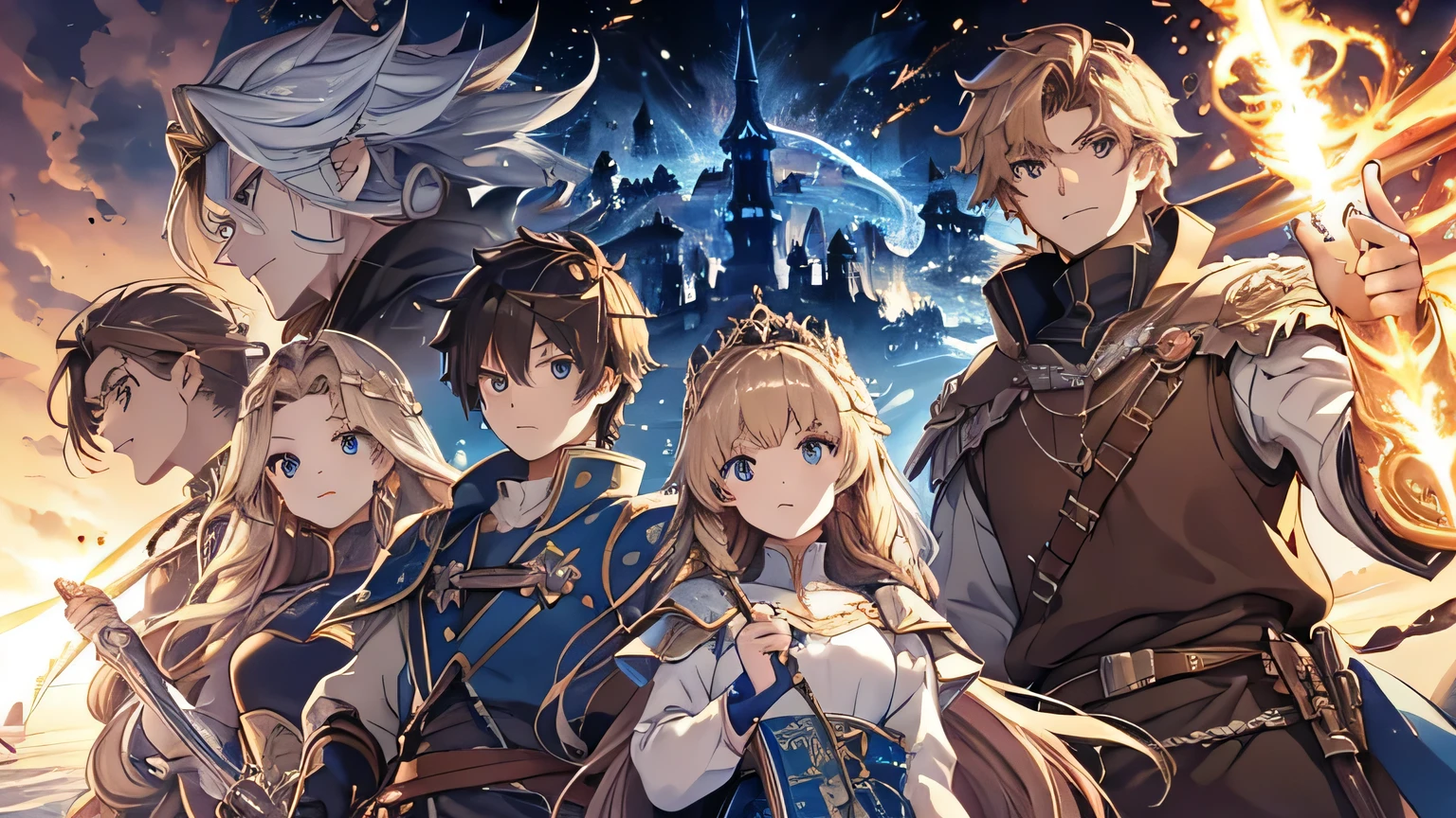 Fantasy World, Faces are accurately represented,Medieval European style,Anime Style,Long Shot,Win the battle,Leading to victory,A soldier, a princess, a swordsman and a wizard from the Water Kingdom work together to defeat a big boss monster.,Leading to victory,The soldier is male and has a slim, muscular body., Short Hair, Spiky Hair, Brown Hair, The princess is female and blonde., Princess of the Water Kingdom, A white and blue princess dress with easy movement and armor., The swordsman is a man,Equipment with a Japanese touch,The remaining one is a wizard girl.,Hands are precise,The background is a castle,