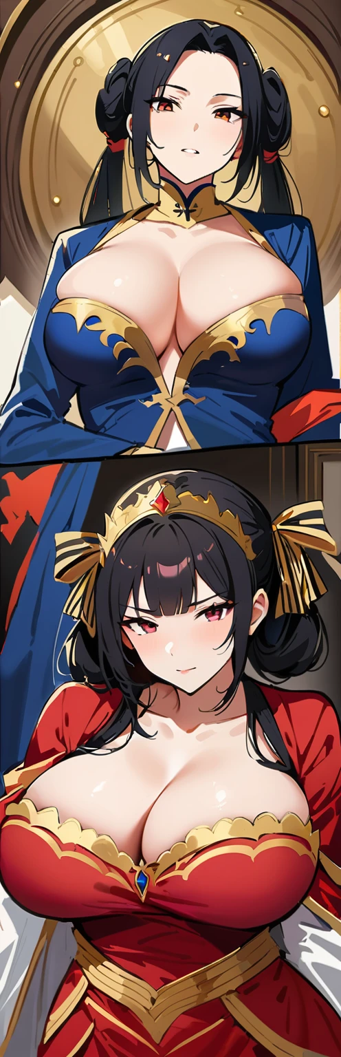 work of art, best qualityer, ultra-high resolution, Beautiful, fine hair,精致的面容, perfect female face, double ponytail hairstyle, Bblack hair, (:1.4), breast sagging, huge cleavage,Mai Shiranui'Trajes no jogo King of Fighters, hair accessories,(:1.8), breast sagging, huge cleavage, Squeeze the accessory breast out,Chest compressions,face flushed with shame,transparentes,sitting on the pink bed,Exposing the chest muscles