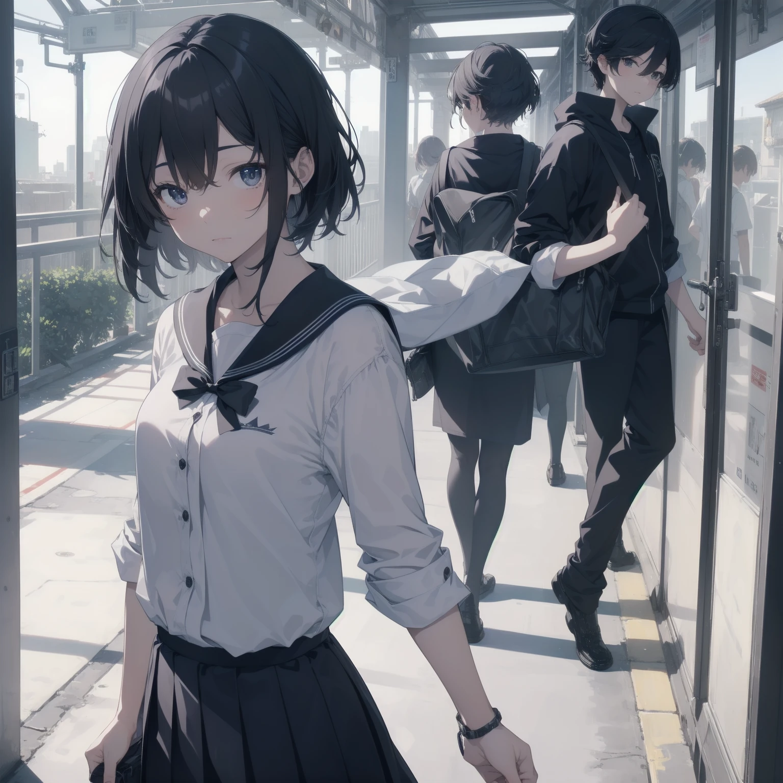 ultra-absurdres-Top quality by artist God, ultra-detailed, high resolution, anime moe artstyle, best anime 8k konachan wallpaper, pixiv contest winner, pool:2810, perfect anatomy,break, 1girl, (Please draw a girl walking sleepily to school alone. )break,(Solo,little female, -yeld:1.Full limbs, complete fingers,a junior hihort hair), short cut, flat chest, , small butt, small black eyes, beautiful detailed eyes, well-proportioned iris and pupils, expressive eyes, highres detailed hair, soft expression, salor school_uniform, sailor collar, serahuku, bow, pleated skirt,(Detailed Lighting), (Detailed background), in the School commute route. break,super detailed skin, Best cinematic lighting powered by famous artist, 8k,beauty illustration,photoshop_(medium),very aesthetic,break,((artist:fujima_takuya )), artist:clamp ,artist:carnelian ,artist:kantoku ,