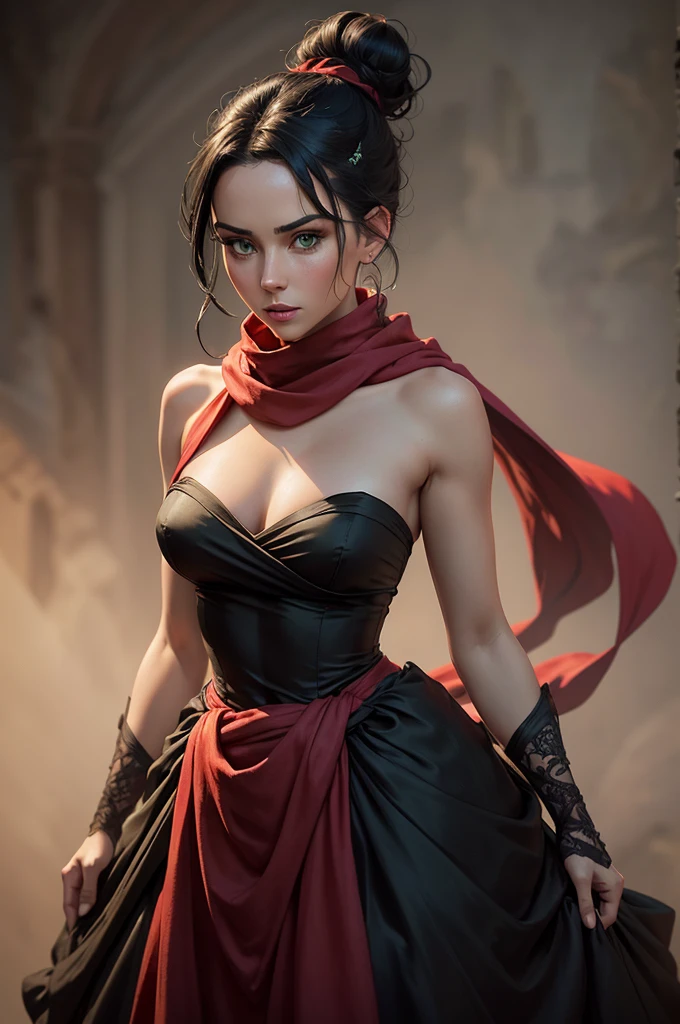a beautiful woman with intense green eyes, black hair tied in a bun, wearing a strapless full dress, a red scarf around her neck, long silk gloves, a fabric wrapped around her waist, full body view, high quality, masterpiece, photorealistic, cinematic lighting, detailed texture, intricate design, elegant, dramatic, striking pose