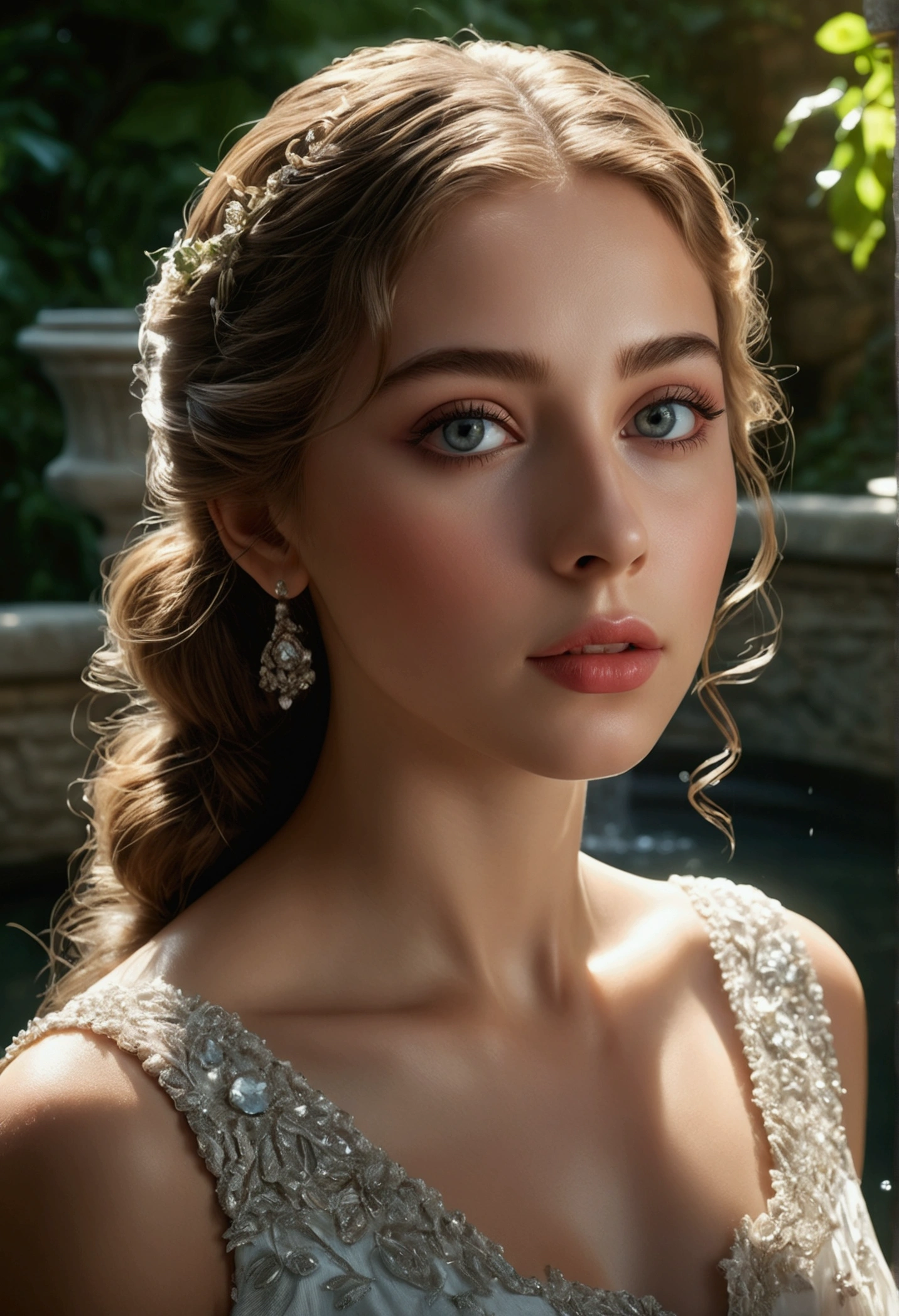 a girl in a secret garden, beautiful detailed eyes, beautiful detailed lips, extremely detailed face, long eyelashes, serene expression, elegant dress, sunlight streaming through trees, lush foliage, ornate stone fountain, reflections in water, (best quality, 4k, 8k, highres, masterpiece:1.2), ultra-detailed, (realistic, photorealistic, photo-realistic:1.37), dramatic lighting, warm color palette, cinematic composition