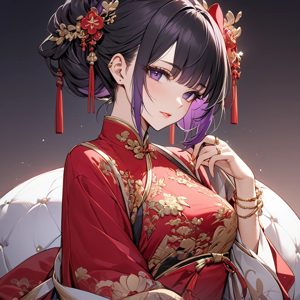 ((Highest quality)), ((masterpiece)), (detailed), (Perfect Face)、The woman, Kocho Shinobu, has black hair with a purple gradient at the ends, her hair is tied up in a ball, she is wearing a gorgeous red Chinese dress with gold embroidery and trim, she is gorgeously dressed, and she is wearing gorgeous accessories and an engagement ring.