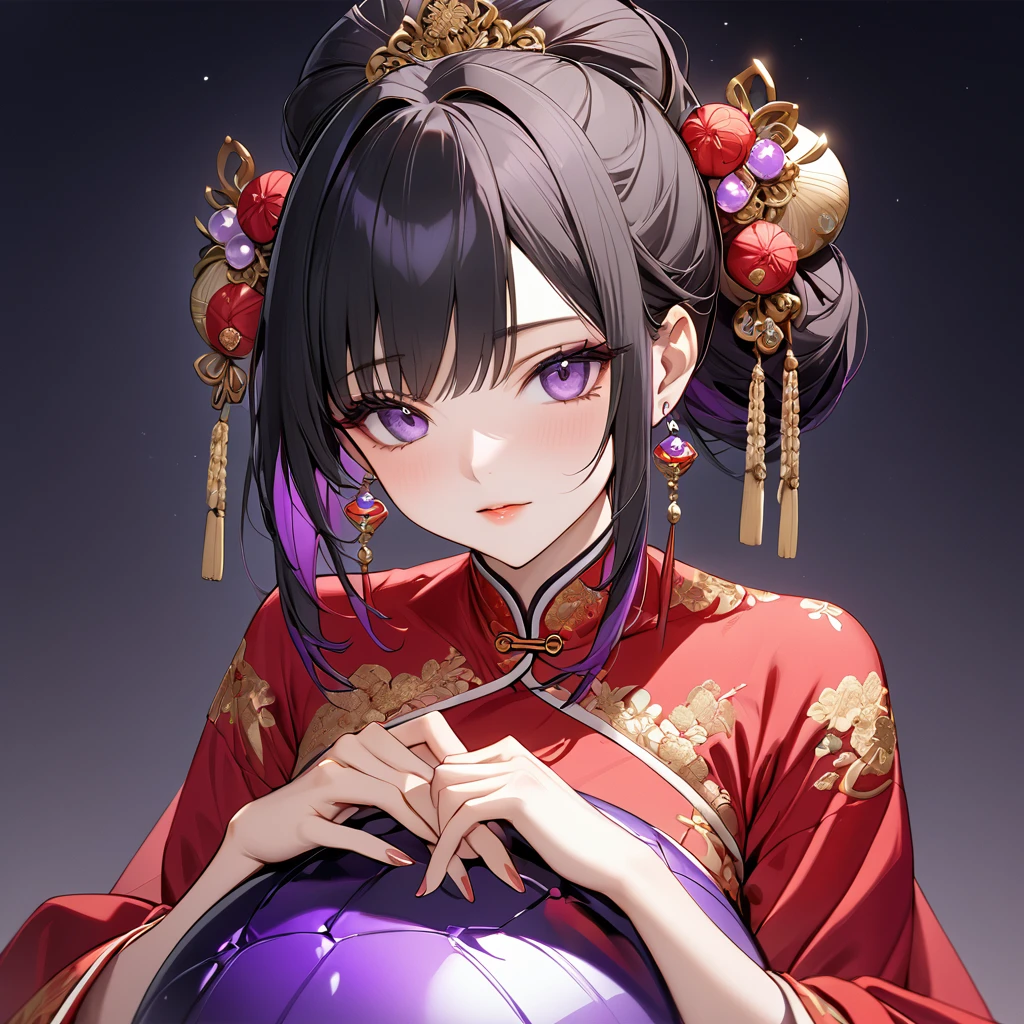 ((Highest quality)), ((masterpiece)), (detailed), (Perfect Face)、The woman, Kocho Shinobu, has black hair with a purple gradient at the ends, her hair is tied up in a ball, she is wearing a gorgeous red Chinese dress with gold embroidery and trim, she is gorgeously dressed, and she is wearing gorgeous accessories and an engagement ring.
