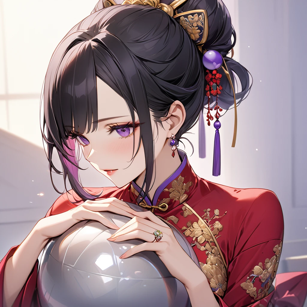 ((Highest quality)), ((masterpiece)), (detailed), (Perfect Face)、The woman, Kocho Shinobu, has black hair with a purple gradient at the ends, her hair is tied up in a ball, she is wearing a gorgeous red Chinese dress with gold embroidery and trim, she is gorgeously dressed, and she is wearing gorgeous accessories and an engagement ring.