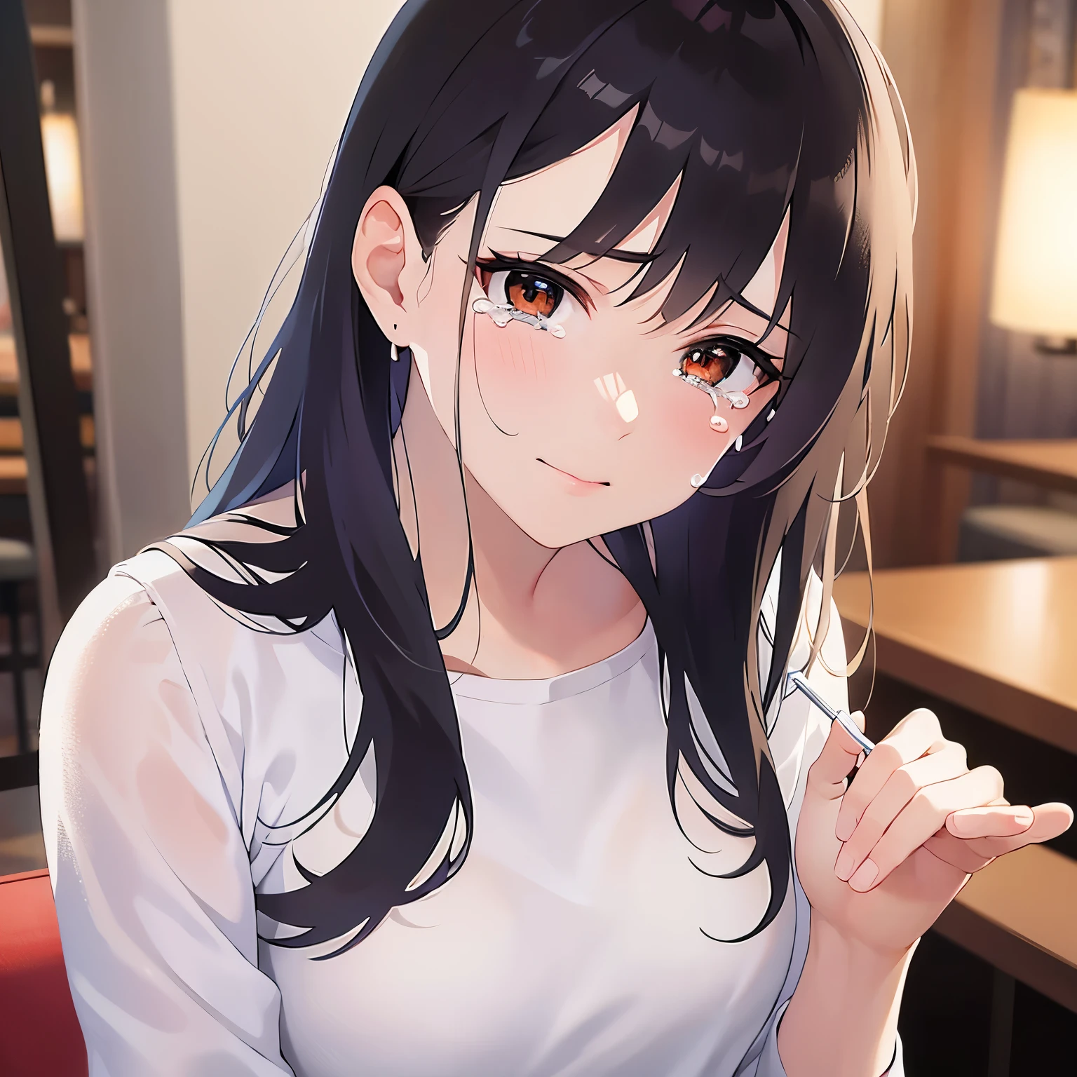 （looking away:1.5）,Upper Body,head tilt、(wiping tears:1.5),
 Realistic, real person, (pale skin: 1.2), RAW photo, photorealistic, shiny skin, shiny hair、
(A 25-year-old woman with medium-length hair and bangs) and (wavy hair) and (brown hair) and (orange eyes) 、
（tearful：1.5),（smile：1.5）,White long-sleeved clothing、The background is inside the restaurant