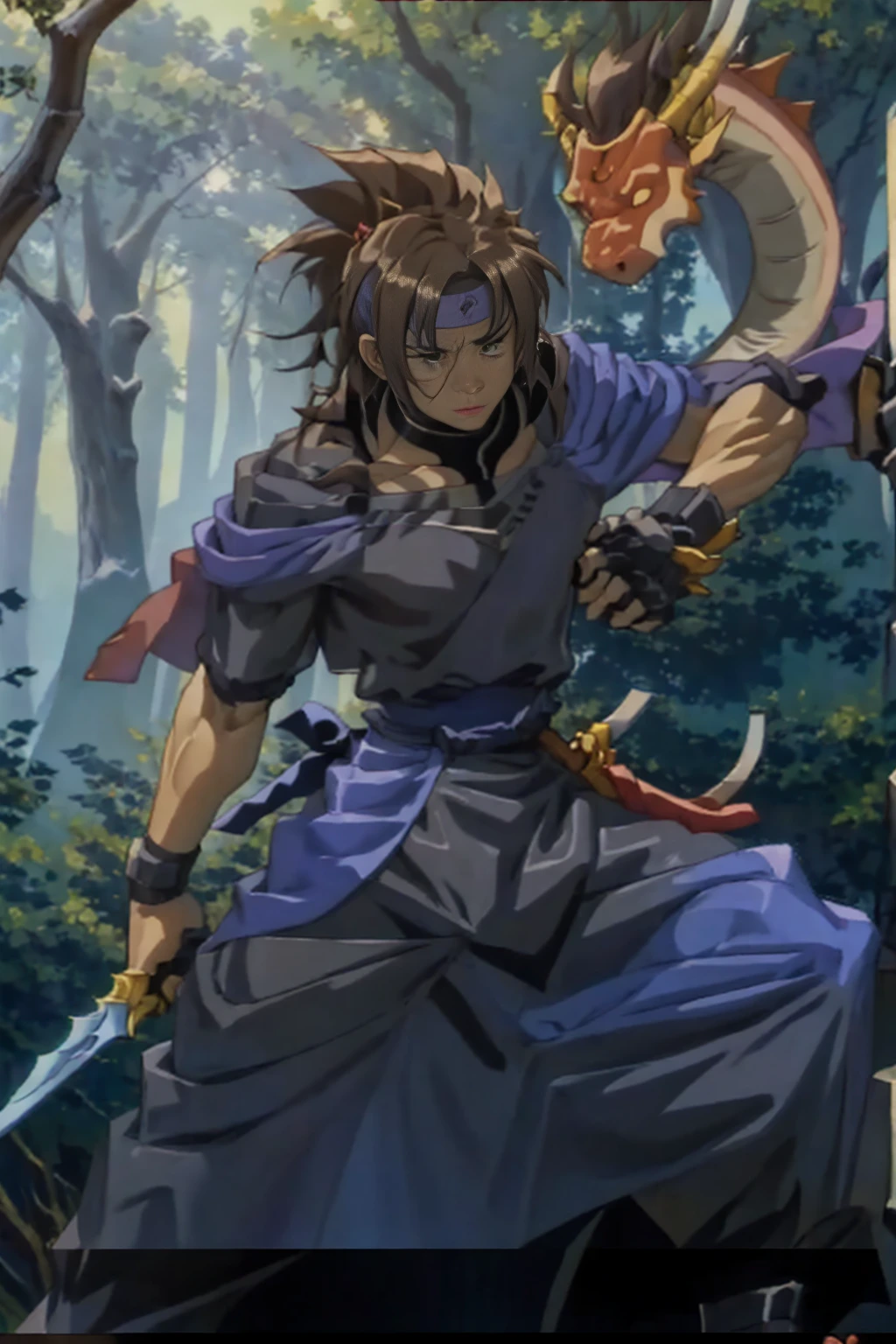 Huge muscles,((Huge erect penis)),Ashton,Robe,Two Dragons,紫のRobeに青いマント,Black Bandana,Her hair is chestnut brown and medium-long and straight.,Carrying a sword,,Face enduring pain,宝石の装飾がついたRobe留め