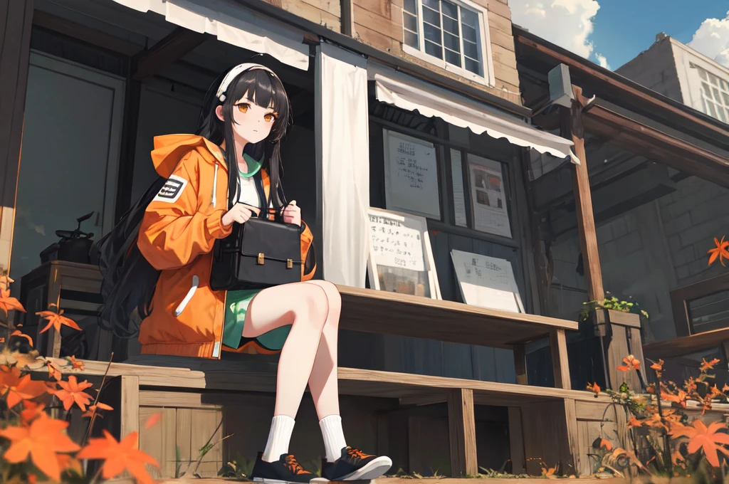 1 Girl、Orange shoes、One person、Sitting、null、cloud、Outdoor、Black Hair、bird、Upward view、青いnull、White socks、Daytime、Orange Jacket、building、Long sleeve、leaf、Long Hair、赤いHeadband、Pump rope、Headband、bangs、曇りnull、from_below、Wide_shot