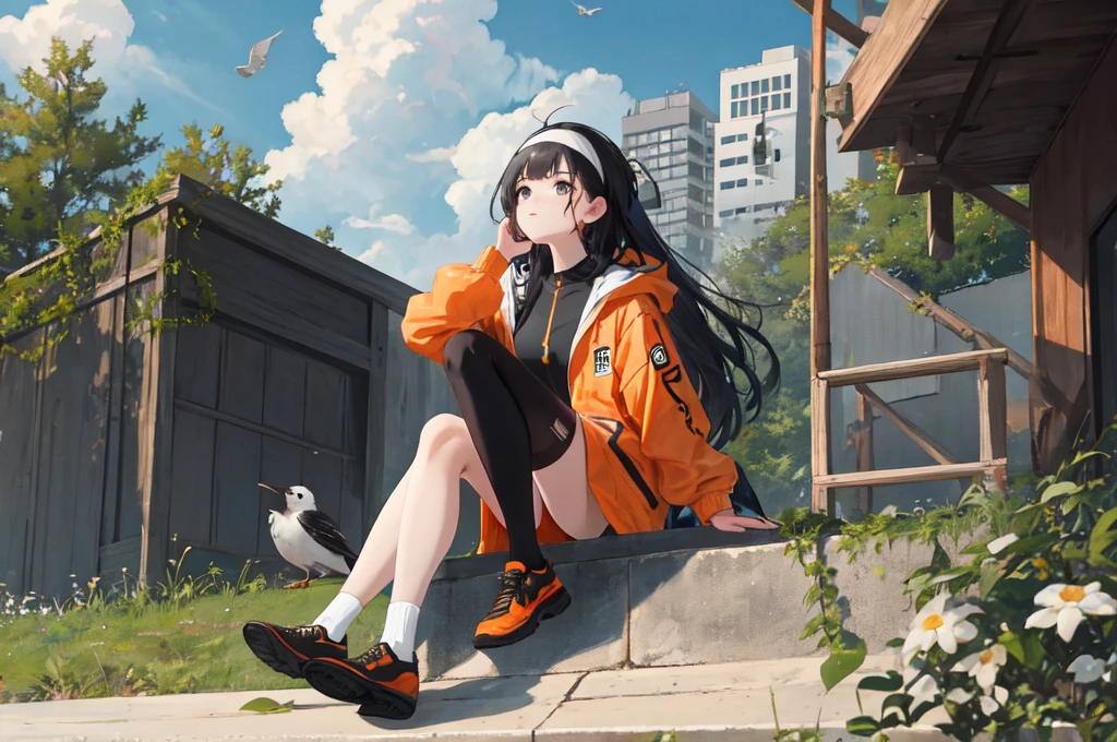 1 Girl、Orange shoes、One person、Sitting、null、cloud、Outdoor、Black Hair、bird、Upward view、青いnull、White socks、Daytime、Orange Jacket、building、Long sleeve、leaf、Long Hair、赤いHeadband、Pump rope、Headband、bangs、曇りnull、from_below、Wide_shot