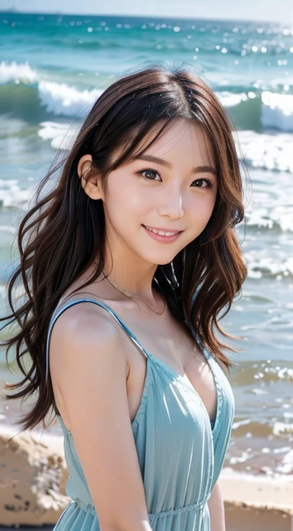 A woman looking at the camera with a natural smile。With a relaxed look、Long black hair。Shooting at the beach with waves lapping in the background　Shot from a low angle、The beach is the background。Natural light。