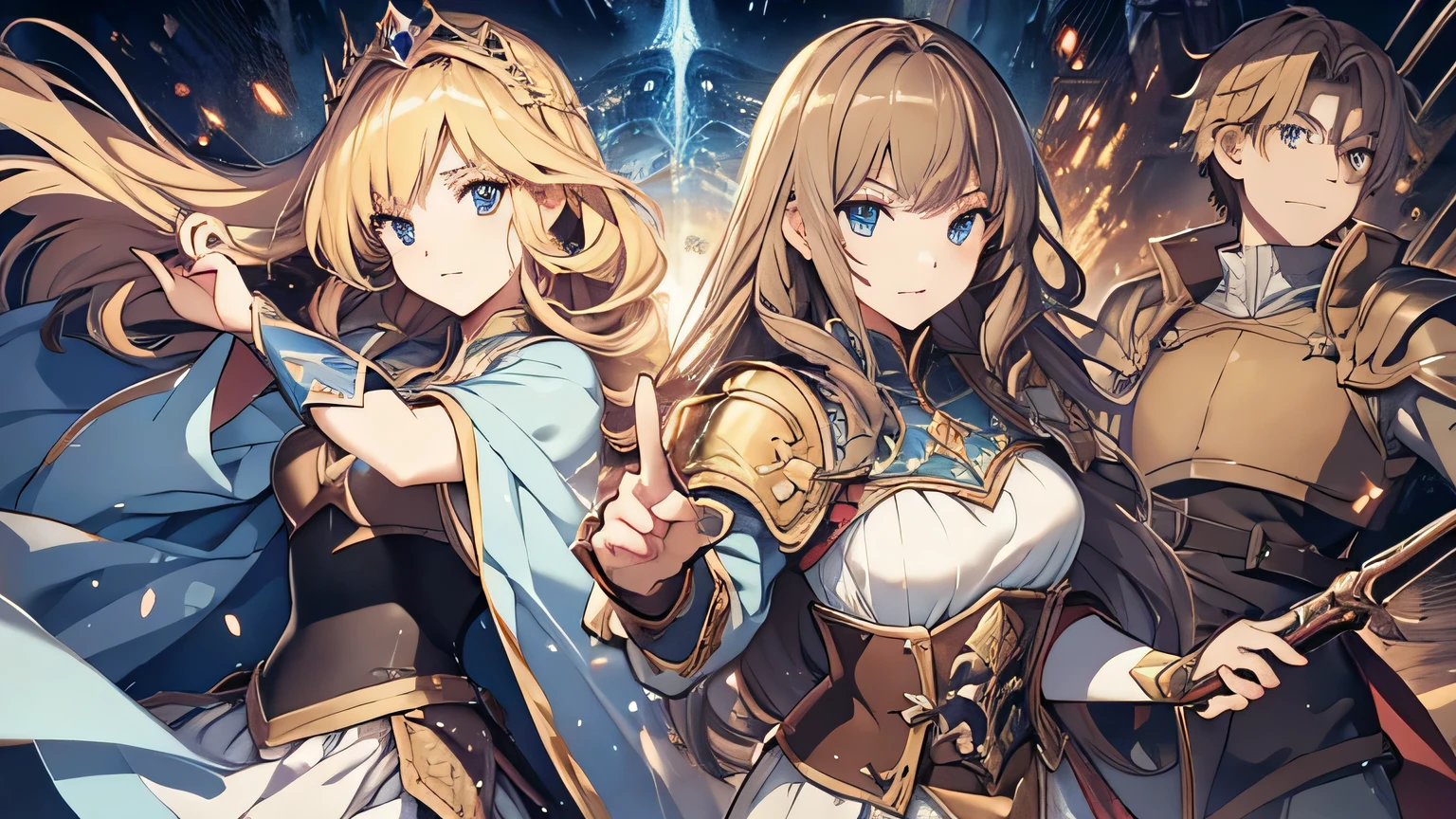 Fantasy World, Faces are accurately represented,Medieval European style,Anime Style,battle,Intense Battle,Work with your teammates to defeat,A soldier, a princess, a swordsman and a wizard from the Water Kingdom work together to defeat a big boss monster.,Leading to victory,The soldier is male and has a slim, muscular body., Short Hair, Spiky Hair, Brown Hair, The princess is female and blonde., Princess of the Water Kingdom, A white and blue princess dress with easy movement and armor., The swordsman is a man,Equipment with a Japanese touch,The remaining one is a wizard girl.,Hands are precise,