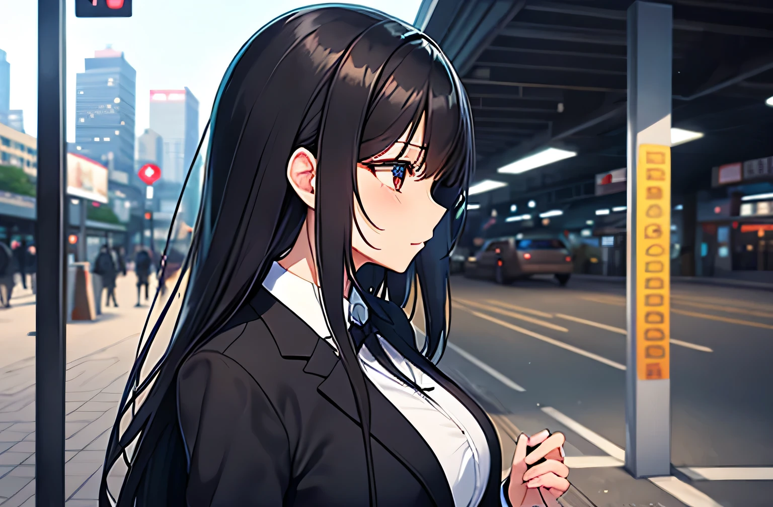 Highest quality,One Woman,Long black hair,In a suit,Commuting to work,Walking from right to left,profile,Landscape,station,stationのプラットフォーム,The eyes are particularly high quality,