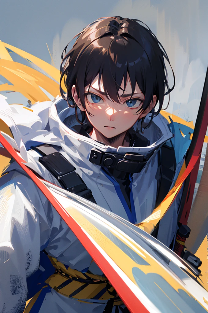 ultra closeup, Only the upper body is visible, portrait, 1 man, boy, Japanese samurai concept, Wearing techwear clothes, wandering warrior, Ninja, Looks unlucky, looking cocky