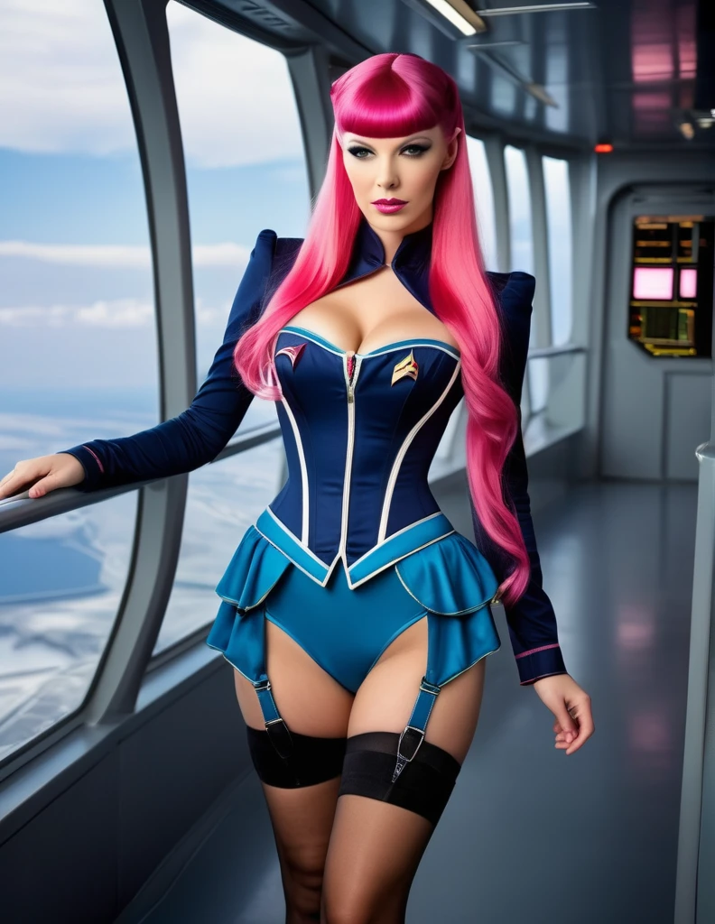 Very attractive 25 year old caucasian female with long wavy bright pink hair, dressed as spock, wearing corset, stockings, suspenders, pointed eyebrows, on bridge of uss enterprise nx1, full length, photo quality